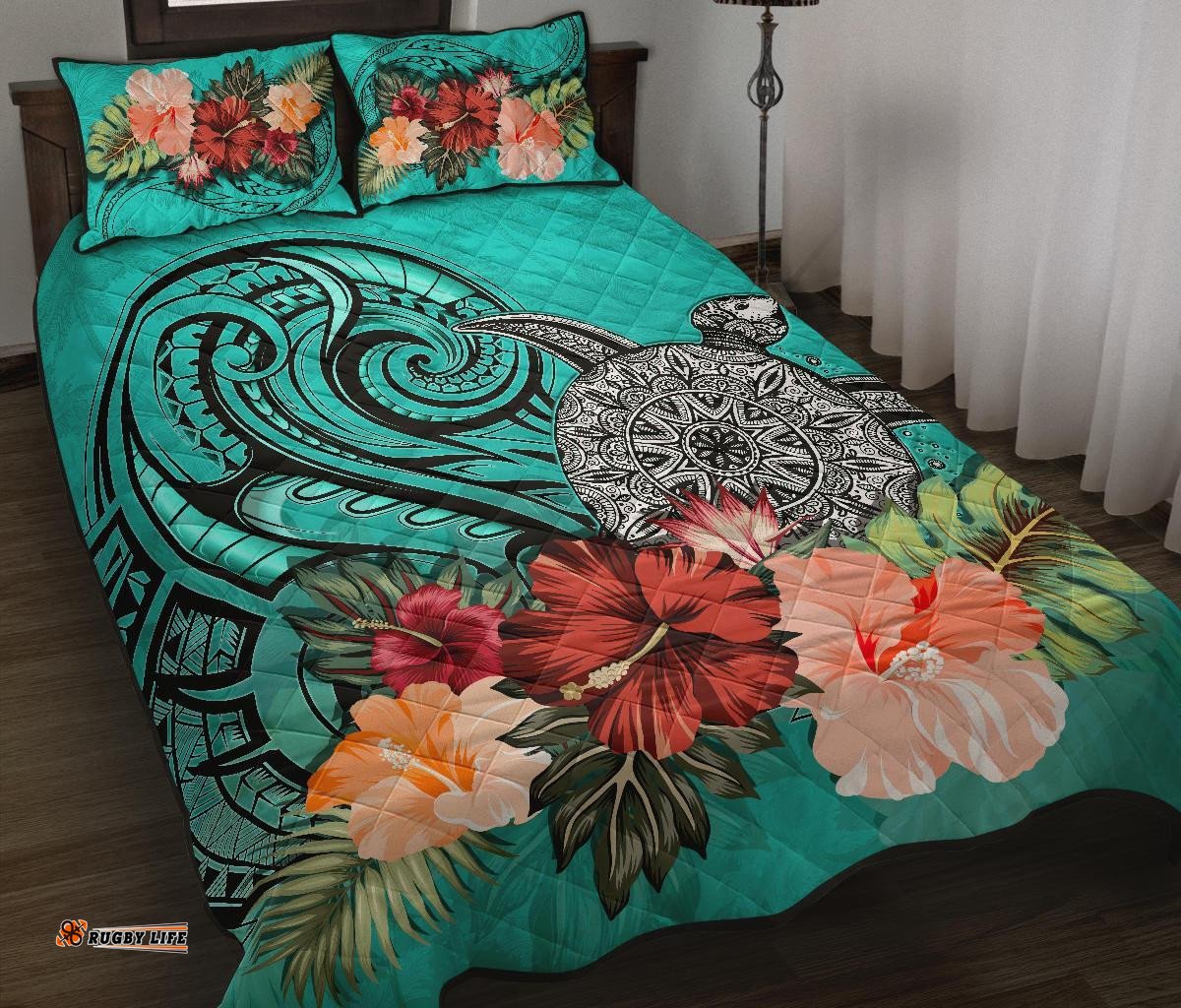 Turtle Polynesian Quilt Bed Set Hibiscus Polynesian Turquoise