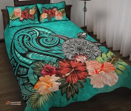 Turtle Polynesian Quilt Bed Set Hibiscus Polynesian Turquoise