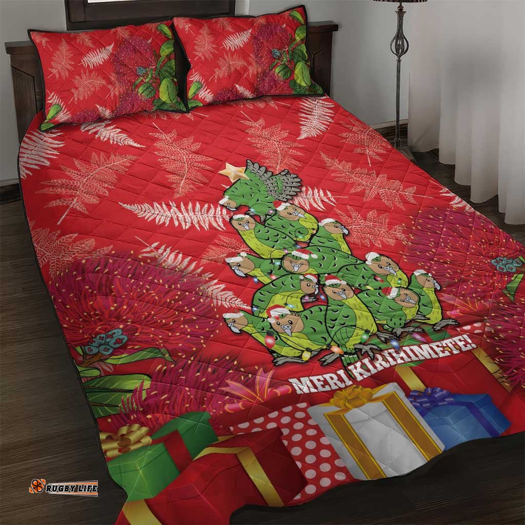 Kakapo New Zealand Christmas Quilt Bed Set Meri Kirihimete Pohutukawa Red Color