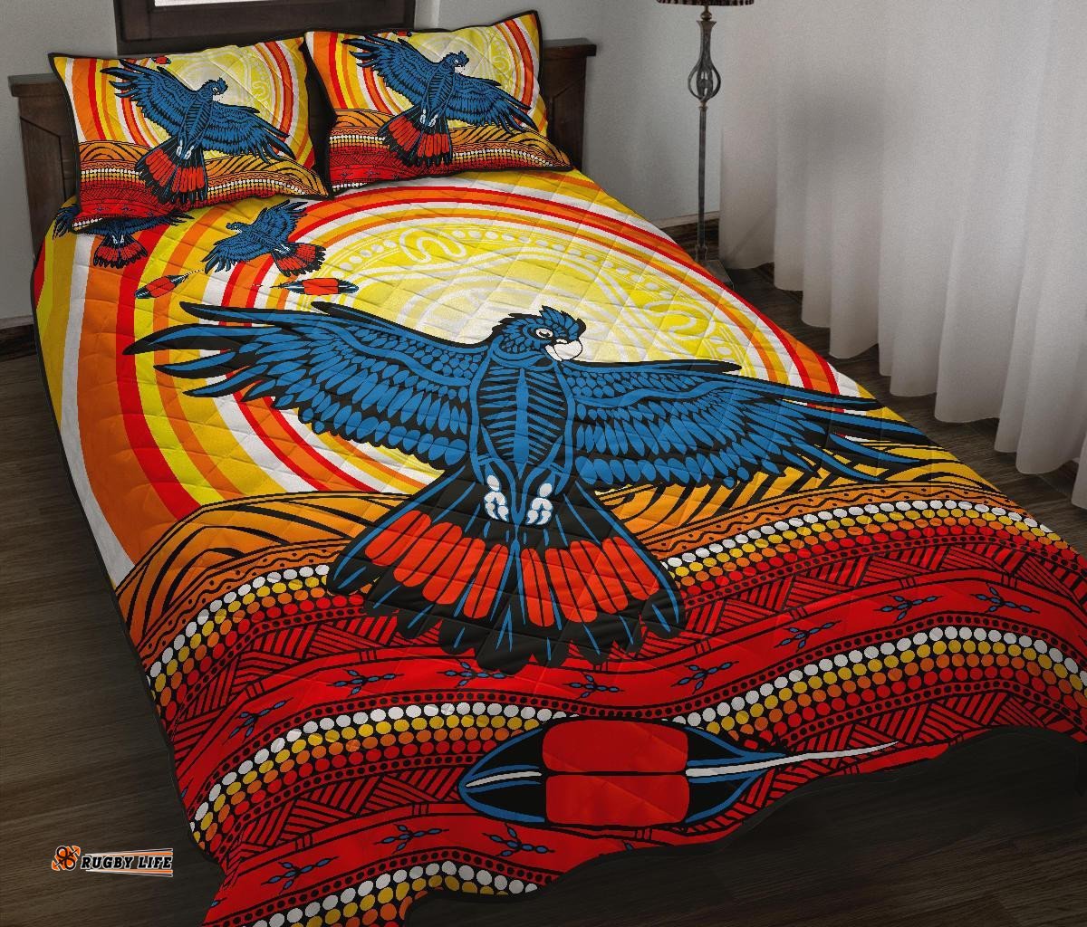 Vibe Hoodie Australia Aboriginal Quilt Cover Set, Black Cockatoo Dot Painting Sunset Patterns