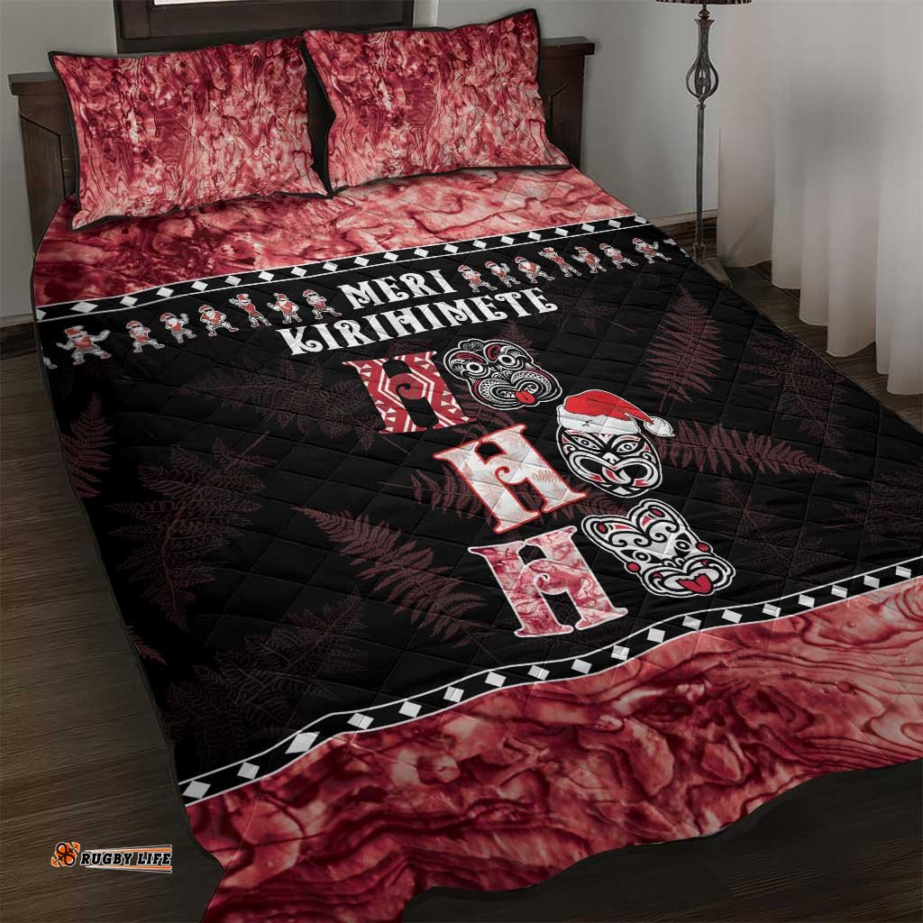 New Zealand Tiki Christmas Quilt Bed Set Ho Ho Ho Paua Shell Glitter Red
