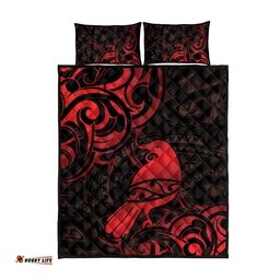 New Zealand Tui Bird Quilt Bed Set Aotearoa Maori Pattern Red