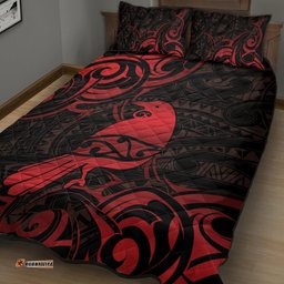 New Zealand Tui Bird Quilt Bed Set Aotearoa Maori Pattern Red