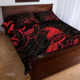 New Zealand Tui Bird Quilt Bed Set Aotearoa Maori Pattern Red