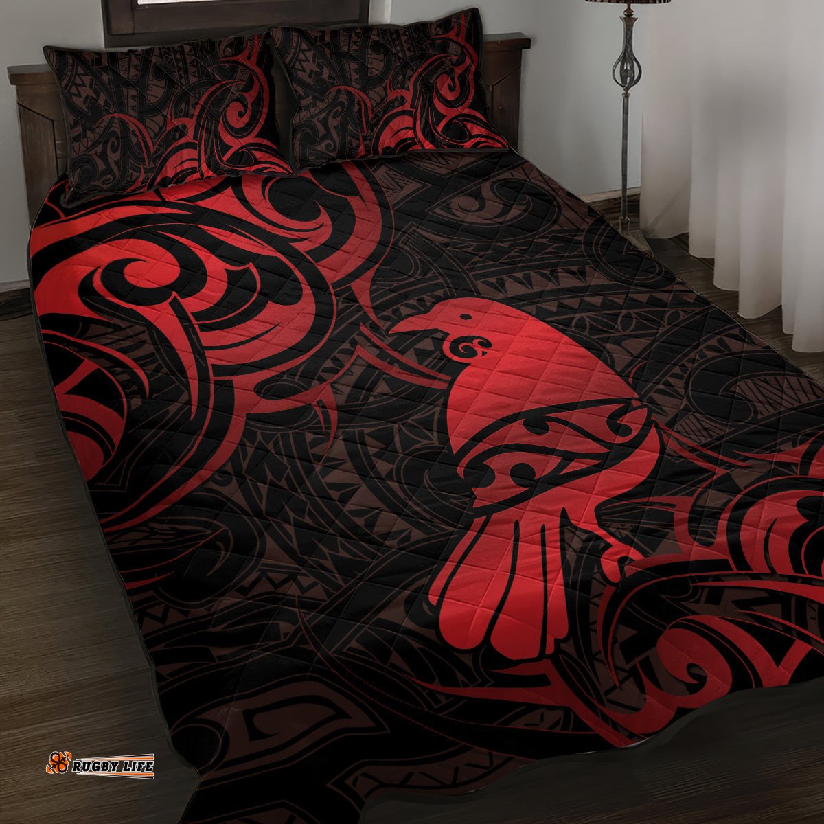 New Zealand Tui Bird Quilt Bed Set Aotearoa Maori Pattern Red