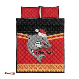 NRL Dolphins Mascot Christmas Personalised Quilt Bed Set Black Style