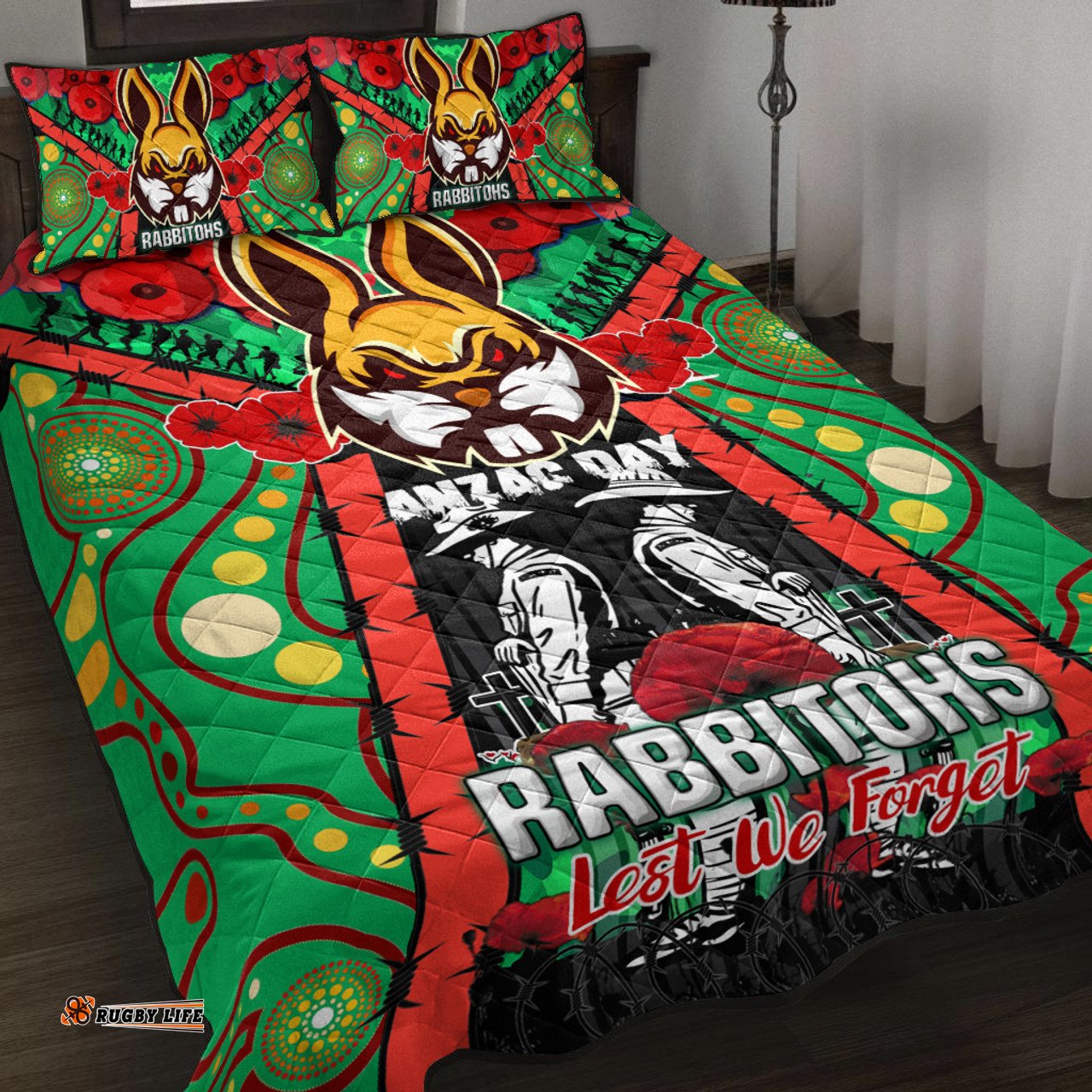 South Sydney Rabbitohs Quilt Bed Set - Remembrance Indigenous Rabbitohs With Poppy Flower