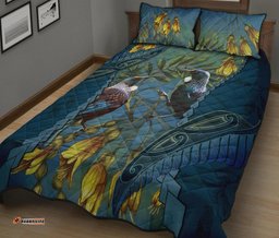 Tui Bird Mix Kowhai And Silver Fern Quilt Bed Set, Blue