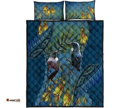 Tui Bird Mix Kowhai And Silver Fern Quilt Bed Set, Blue