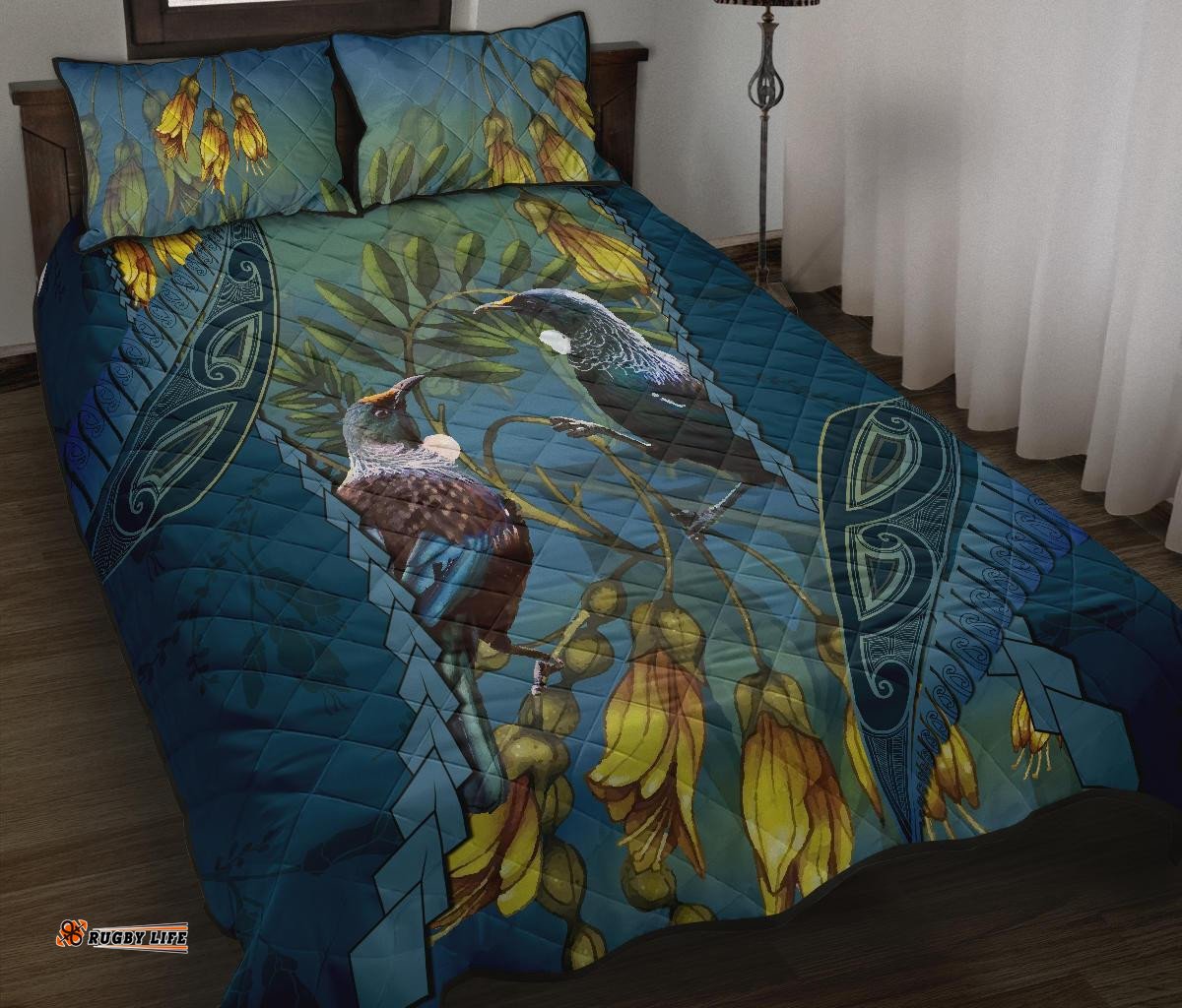 Tui Bird Mix Kowhai And Silver Fern Quilt Bed Set, Blue