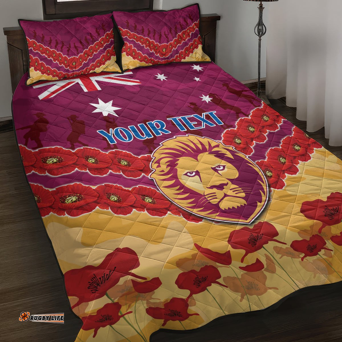 Custom Brisbane Lions Football Quilt Bed Set ANZAC Lest We Forget