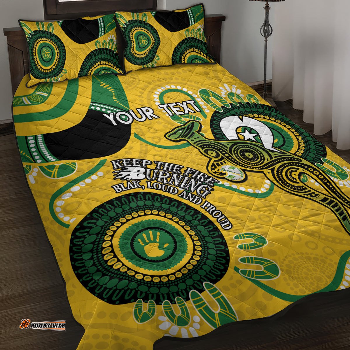 Custom Matildas NAIDOC Week Quilt Bed Set Australia Kangaroo Keep The Fire Burning Yellow