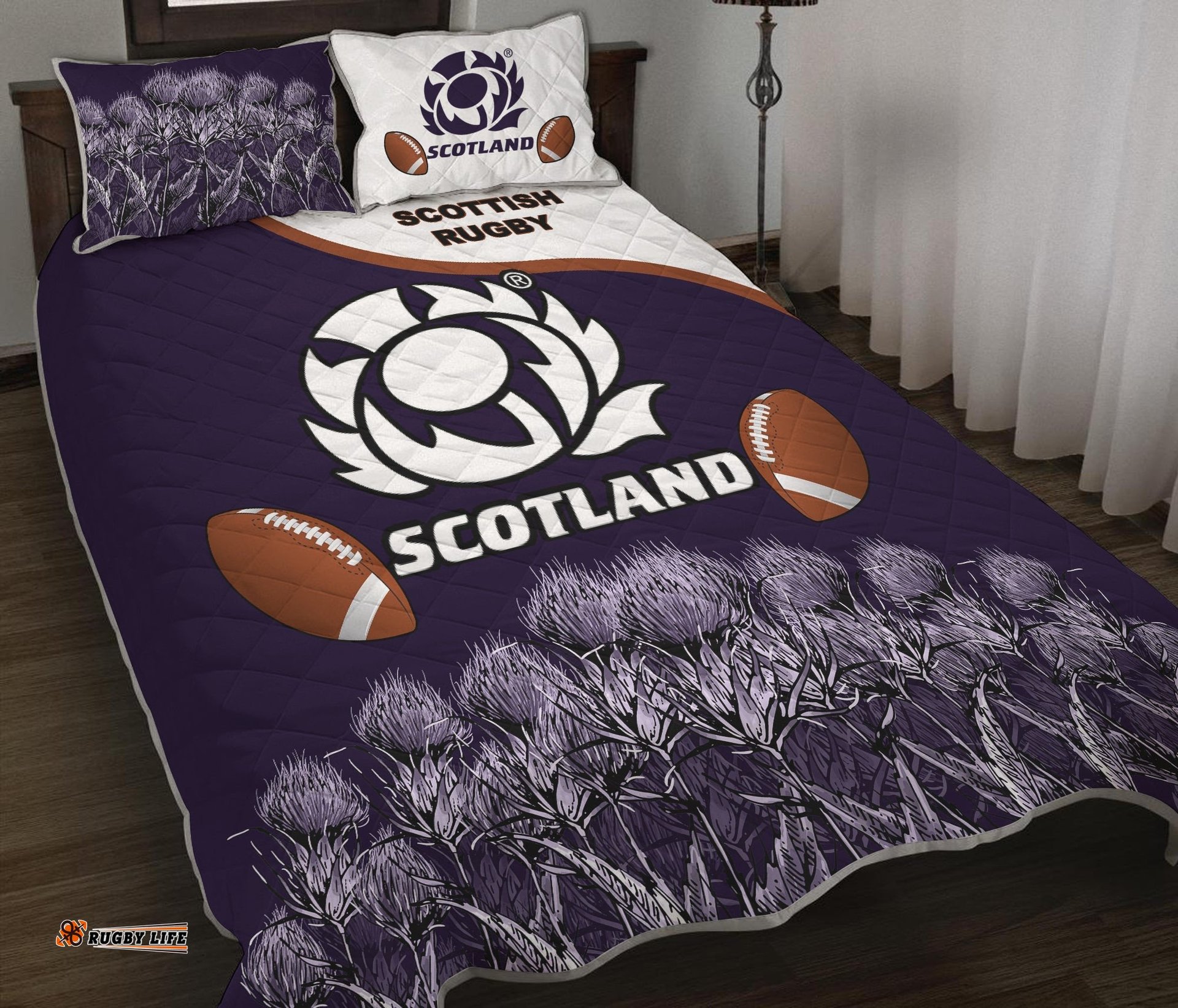 Scotland Rugby Union Quilt Bed Set Thistle Flower Purple Original 0
