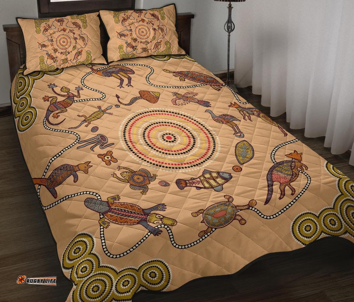 Aboriginal Quilt Cover Set, Kangaroo Turtle Circle Pattern Dot Painting