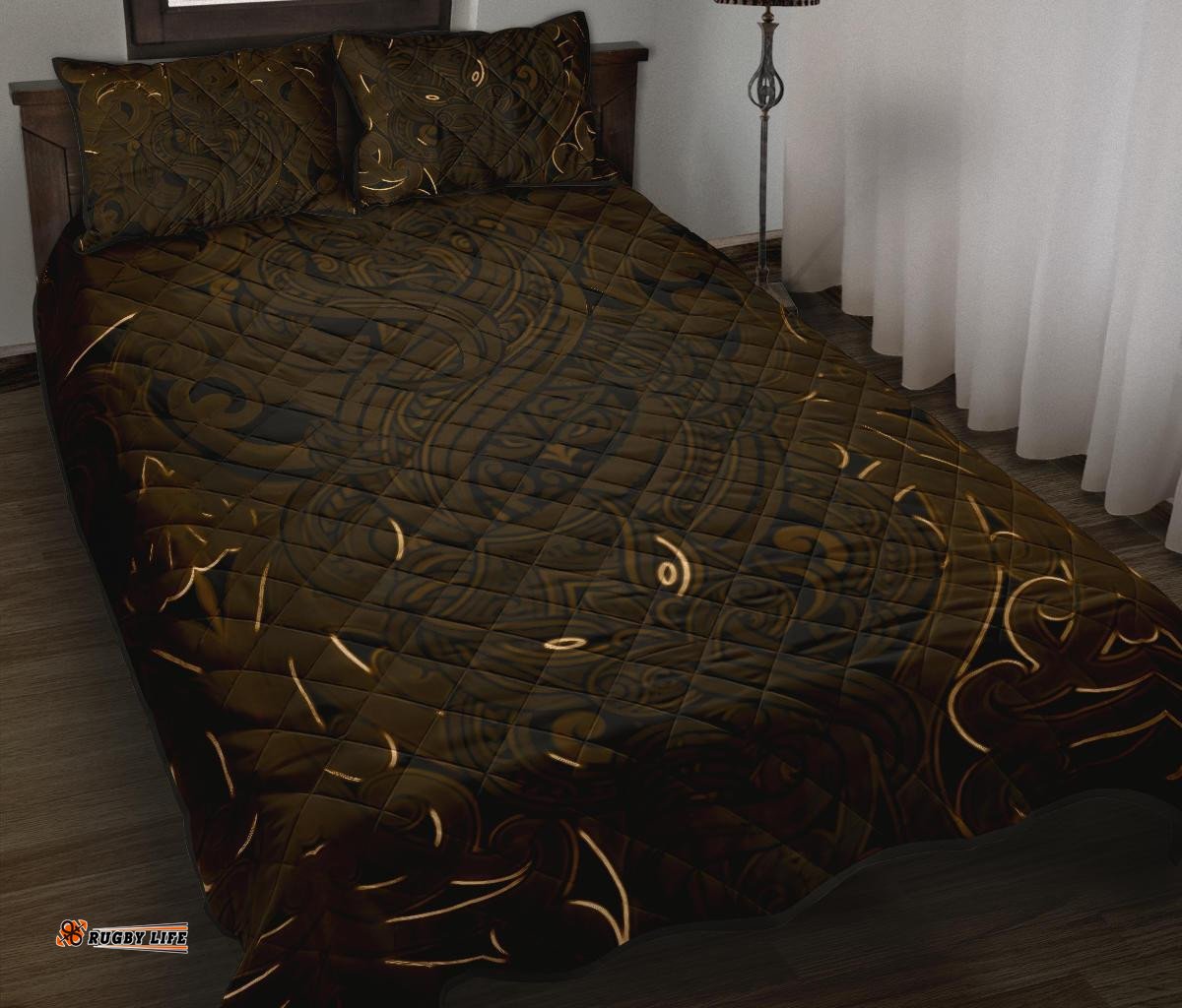 New Zealand Quilt Bed Set, Maori Gods Quilt And Pillow Cover Tumatauenga God Of War Gold