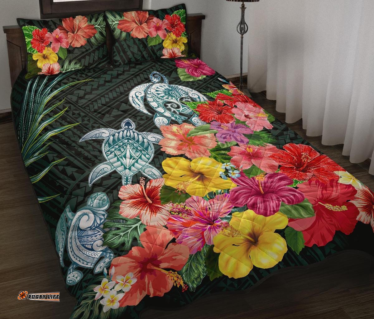 Turtle Polynesian Quilt Bed Set Hibiscus Colorful 05