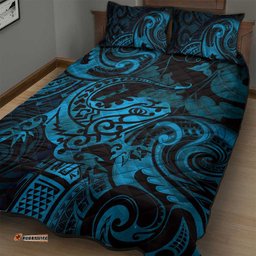 New Zealand Tuatara Quilt Bed Set Aotearoa Maori Clematis Flowers Blue
