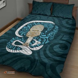 Turquoise New Zealand Eel Quilt Bed Set Aotearoa Maori Tuna With Kotiate Weapon