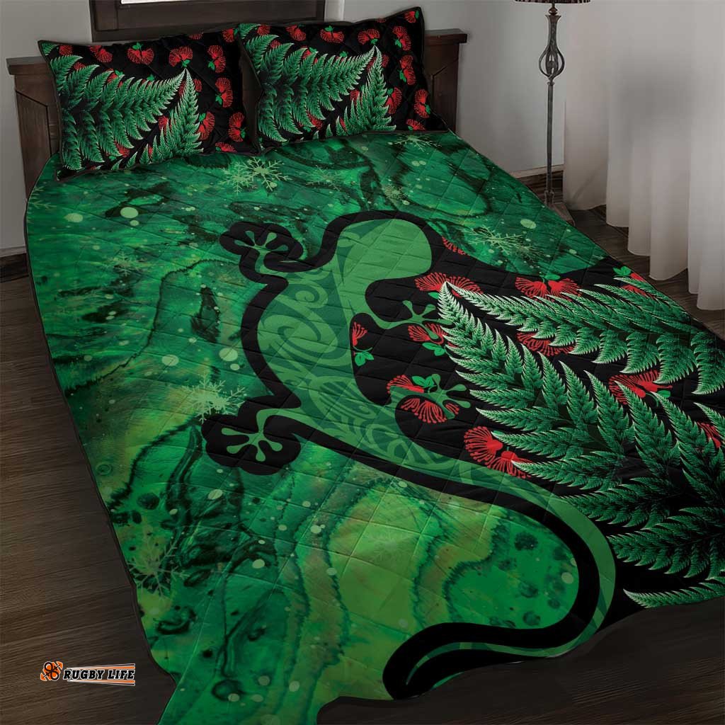 New Zealand Gecko Christmas Quilt Bed Set Meri Kirihimete Paua Shell Mix Pohutukawa