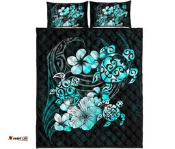Turquoise Turtle Hibiscus Mix Plumeria Polynesian Quilt Bed Set