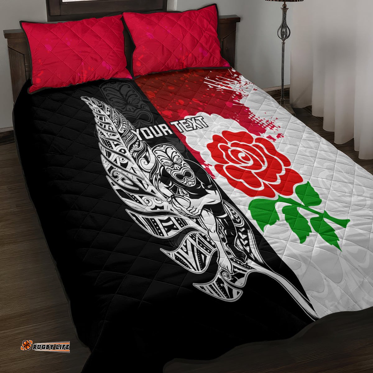 Custom New Zealand And England Rugby Quilt Bed Set World Cup All Black Combine Red Roses