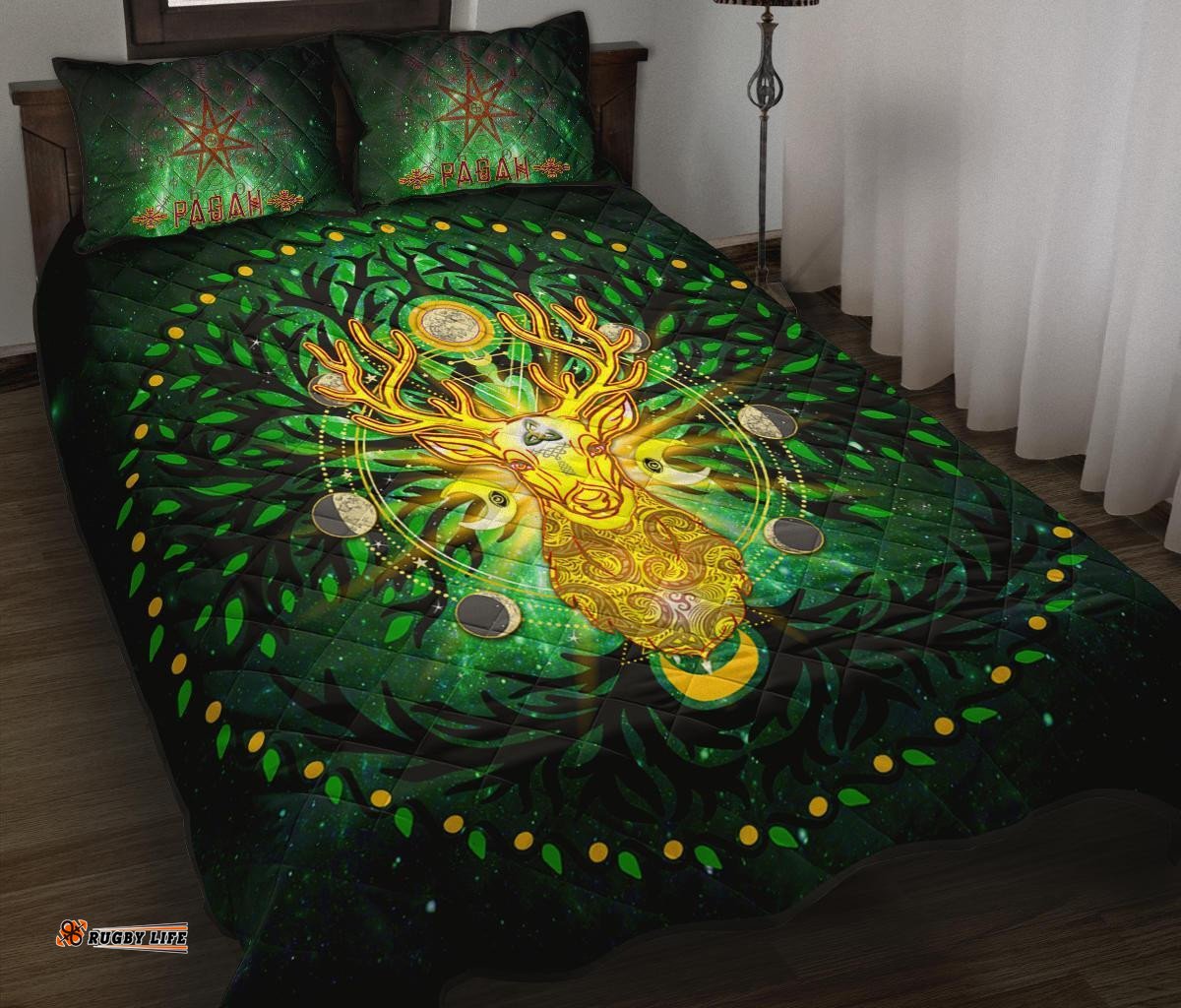 Celtic Pagan Deer Quilt Bed Set Moon Phases Deer with Tree of Life