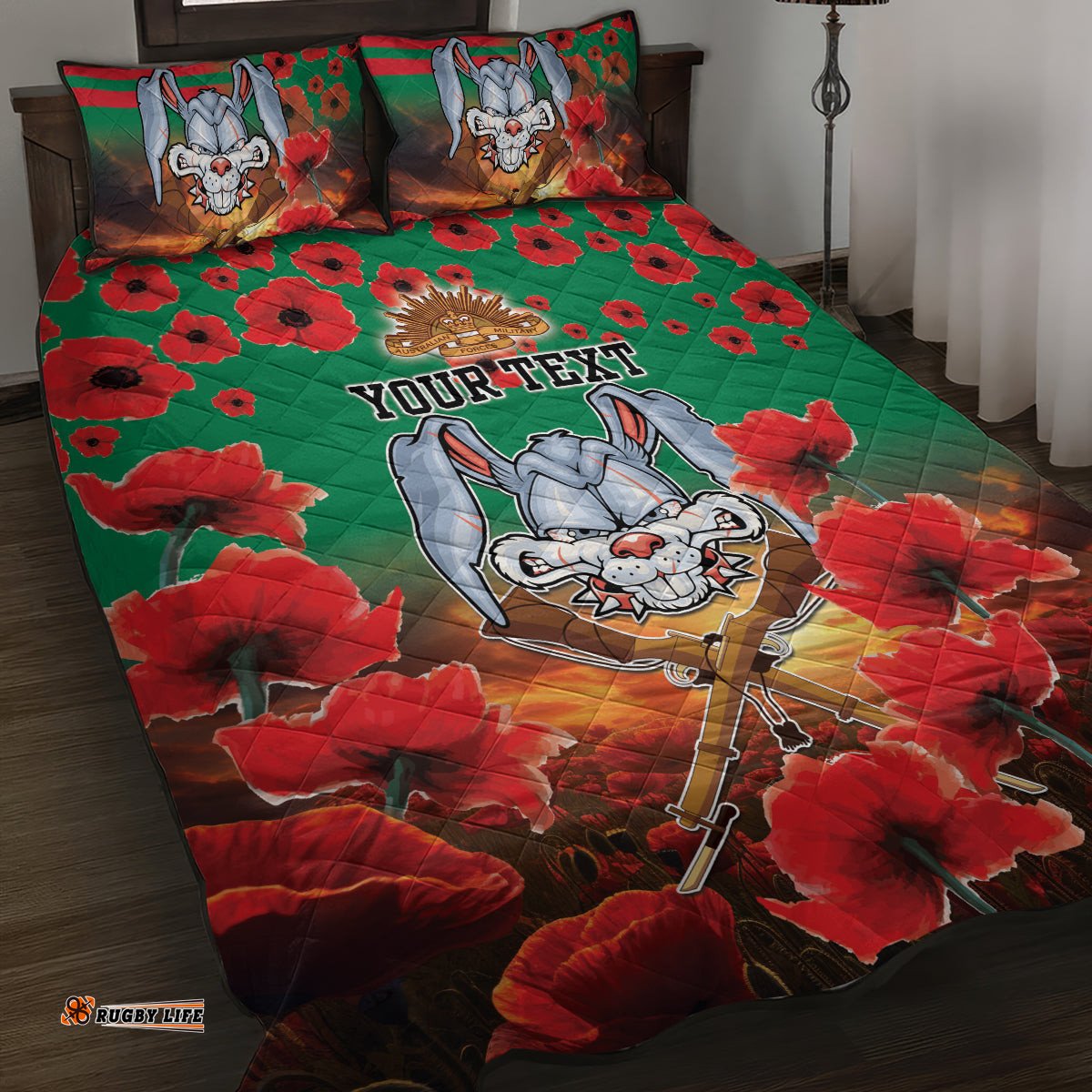 Personalised Rabbitohs Rugby ANZAC Quilt Bed Set Starry Night and Field of Poppies