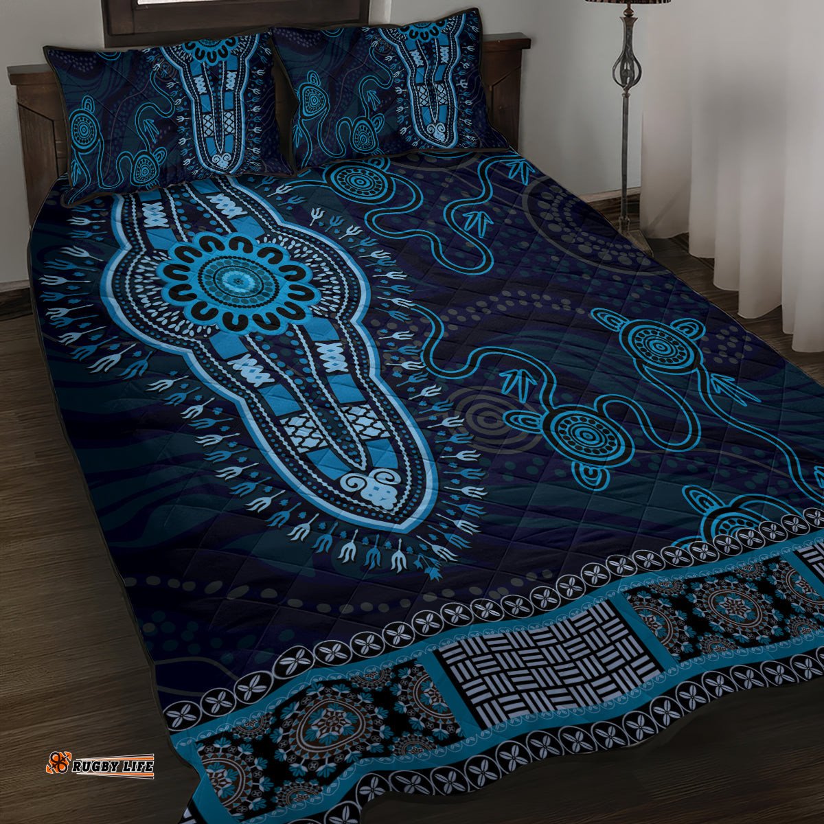 Blue African Dashiki With Australia Aboriginal Art Quilt Bed Set