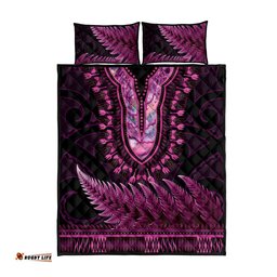 Pink African Dashiki With Aotearoa Maori Quilt Bed Set Paua Shell Mix Silver Fern