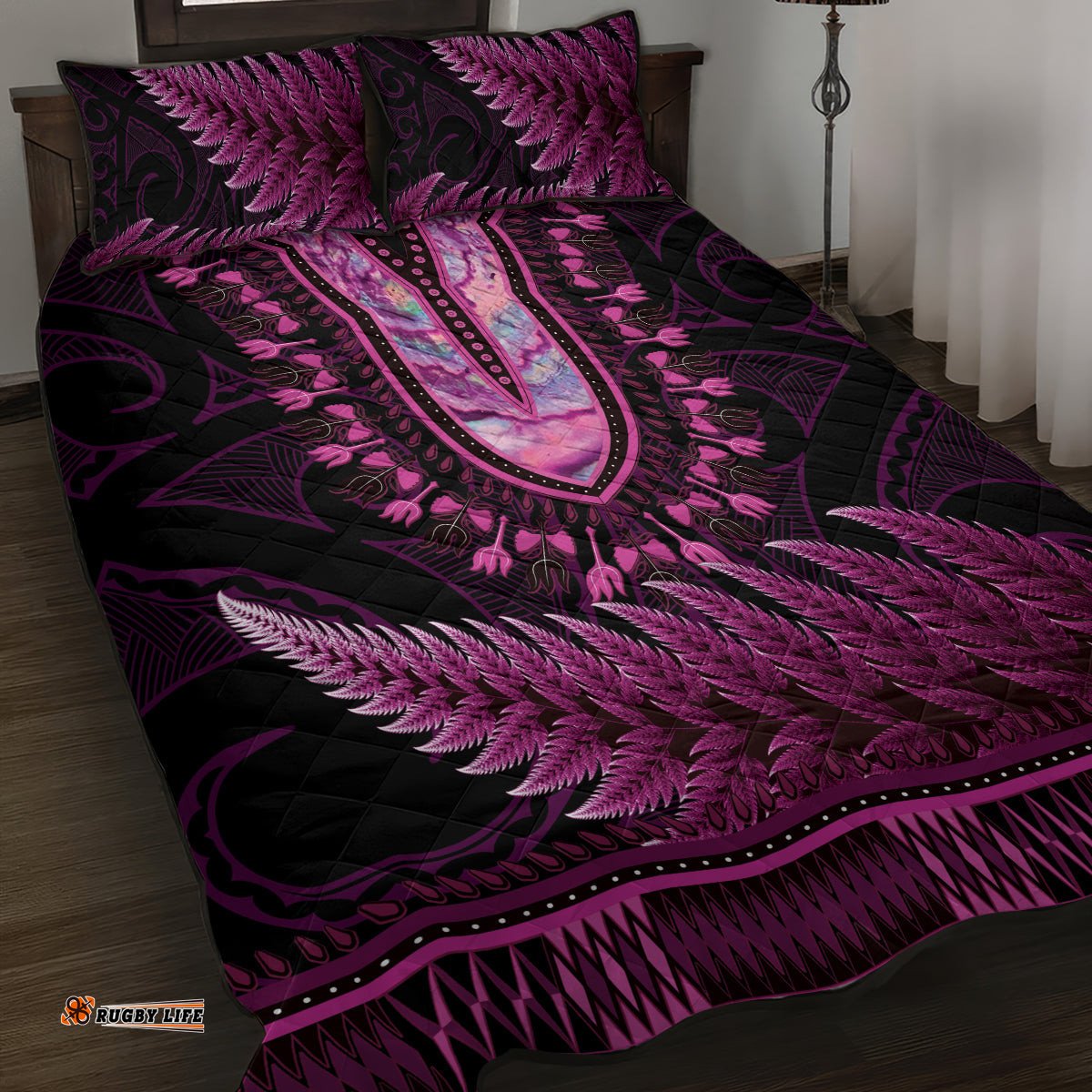 Pink African Dashiki With Aotearoa Maori Quilt Bed Set Paua Shell Mix Silver Fern