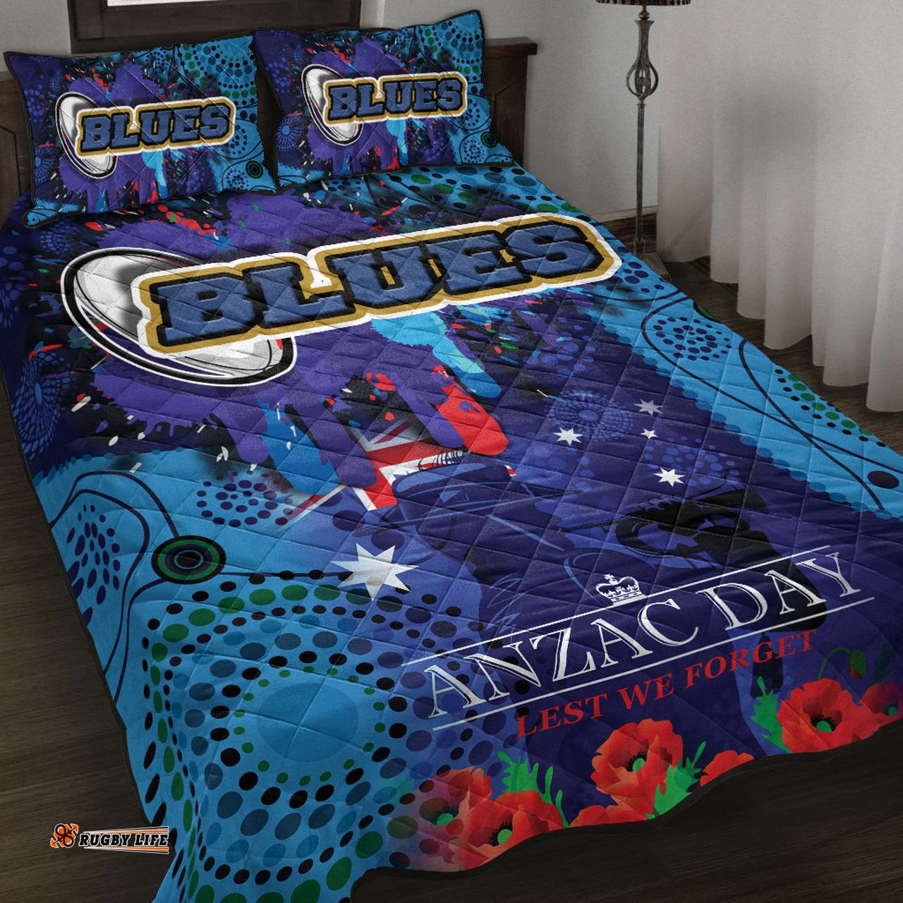 Blues Rugby Quilt Bed Set Aboriginal ANZAC Day '' Lest We Forget '' Color Drawing Patterns Quilt Bed Set