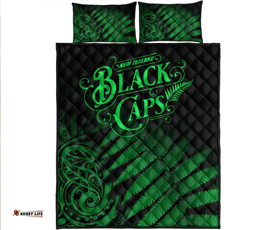 New Zealand Kiwis Cricket Team Quilt Bed Set Black Caps Silver Fern Mixed Maori Pattern Version Green