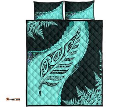 Paua Shell Maori Silver Fern Quilt Bed Set, Turquoise