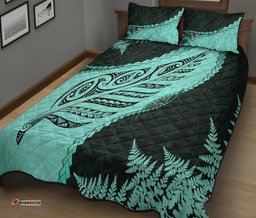 Paua Shell Maori Silver Fern Quilt Bed Set, Turquoise