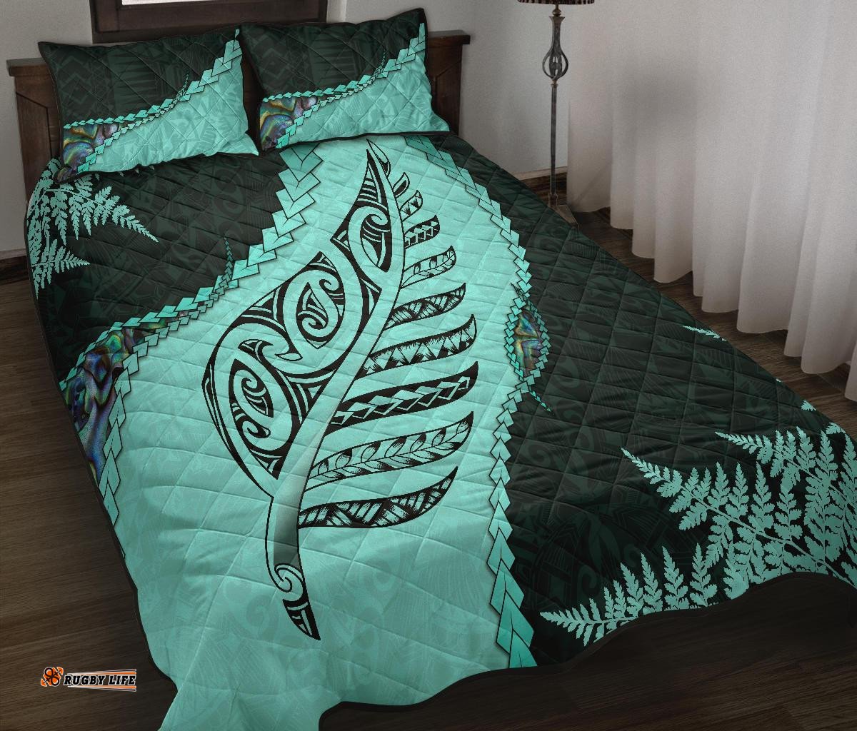 Paua Shell Maori Silver Fern Quilt Bed Set, Turquoise