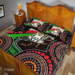 Australia Rabbitohs Anzac Aboriginal Inspired Quilt Bed Set - Australia Rabbitohs Remembrance Day with Poppy Flower Quilt Bed Set