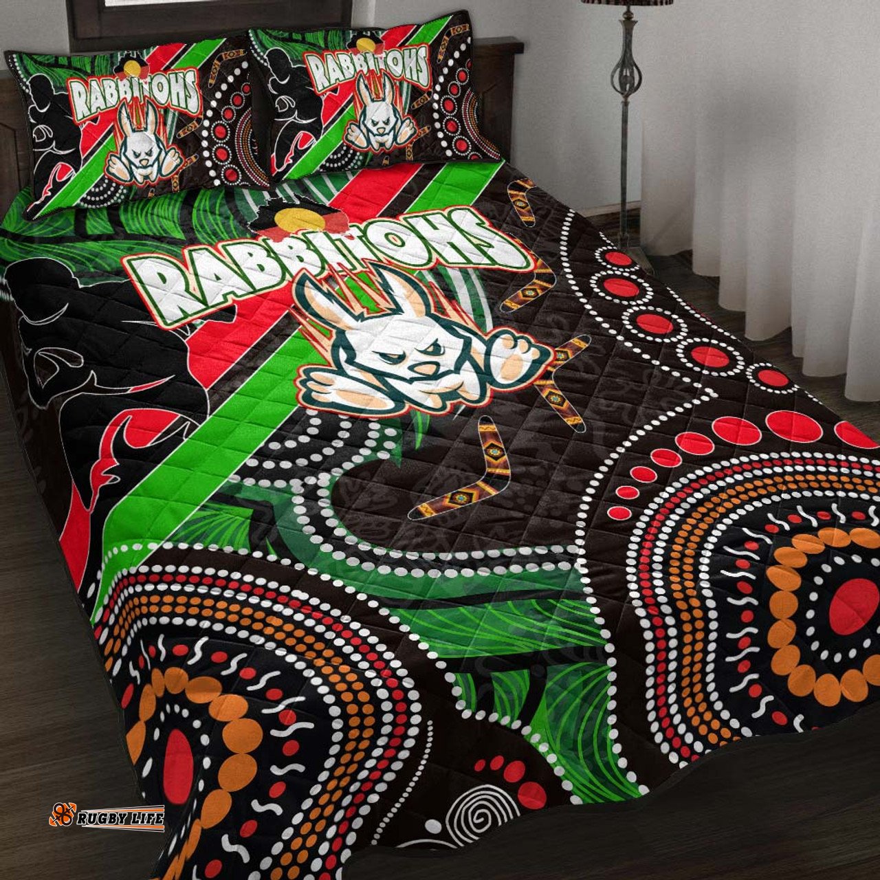 Australia Rabbitohs Anzac Aboriginal Inspired Quilt Bed Set - Australia Rabbitohs Remembrance Day with Poppy Flower Quilt Bed Set