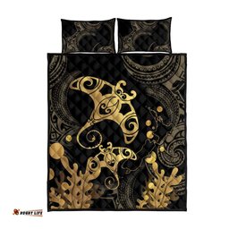 Black And Gold Aotearoa Whai Quilt Bed Set NZ Stingrays Maori Curves Style