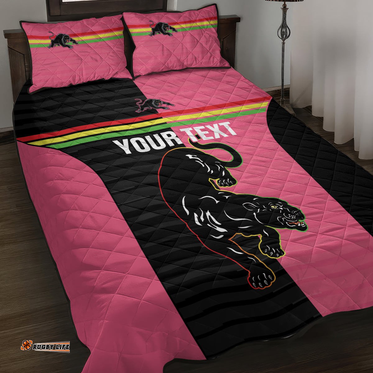 Custom Panthers Rugby Quilt Bed Set Black Pink Color Sporty Style