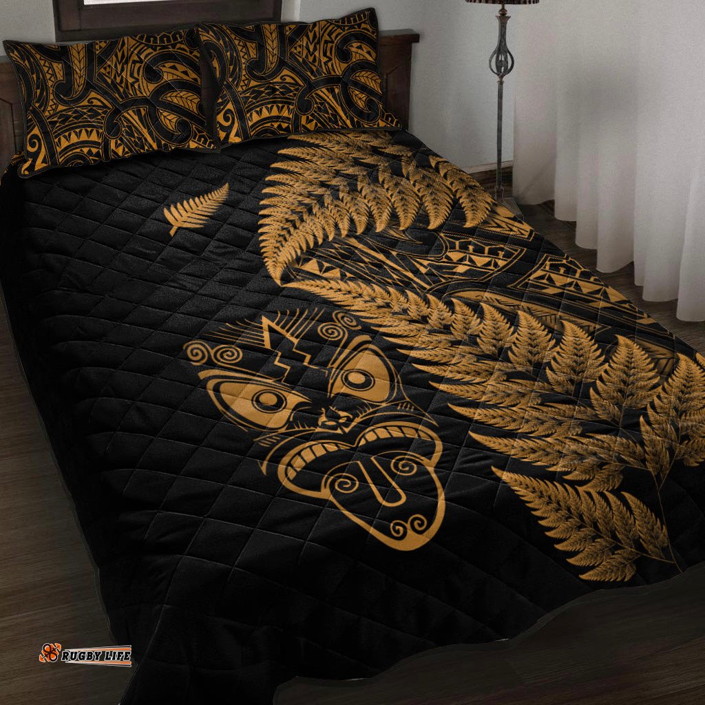 New Zealand Haka Rugby Maori Quilt Bed Set Silver Fern Vibes Gold