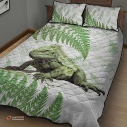 Green New Zealand Tuatara Quilt Bed Set Aotearoa Sphenodon Punctatus Silver Fern