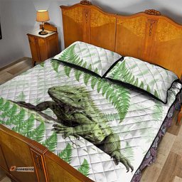 Green New Zealand Tuatara Quilt Bed Set Aotearoa Sphenodon Punctatus Silver Fern