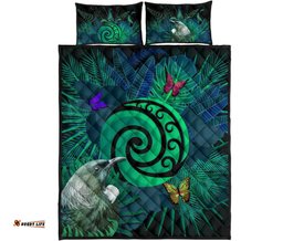 New Zealand Quilt Bed Set Koru Fern Mix Tui Bird Tropical Floral Turquoise