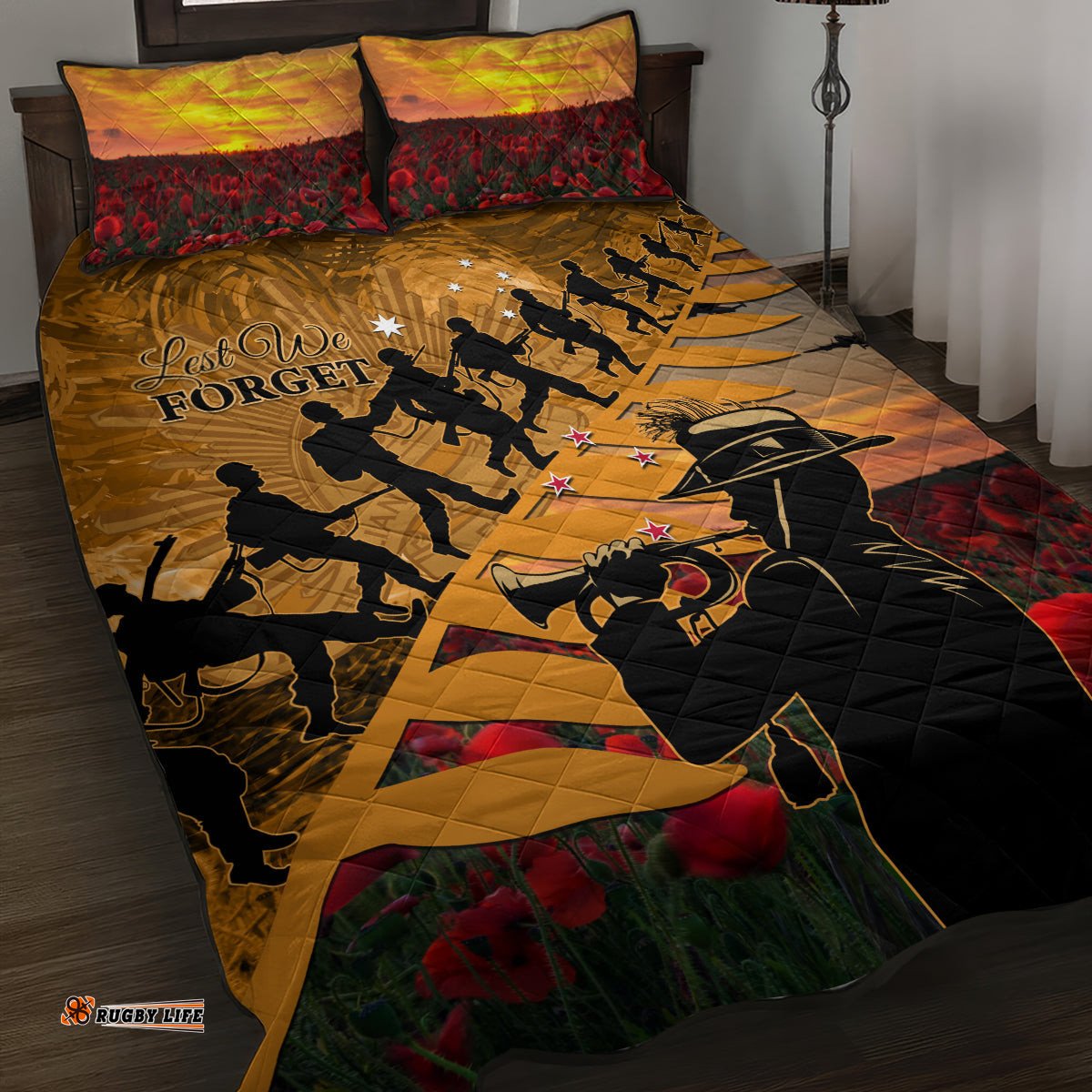 ANZAC Day 2024 Quilt Bed Set Silver Fern With A Trumpet Soldier