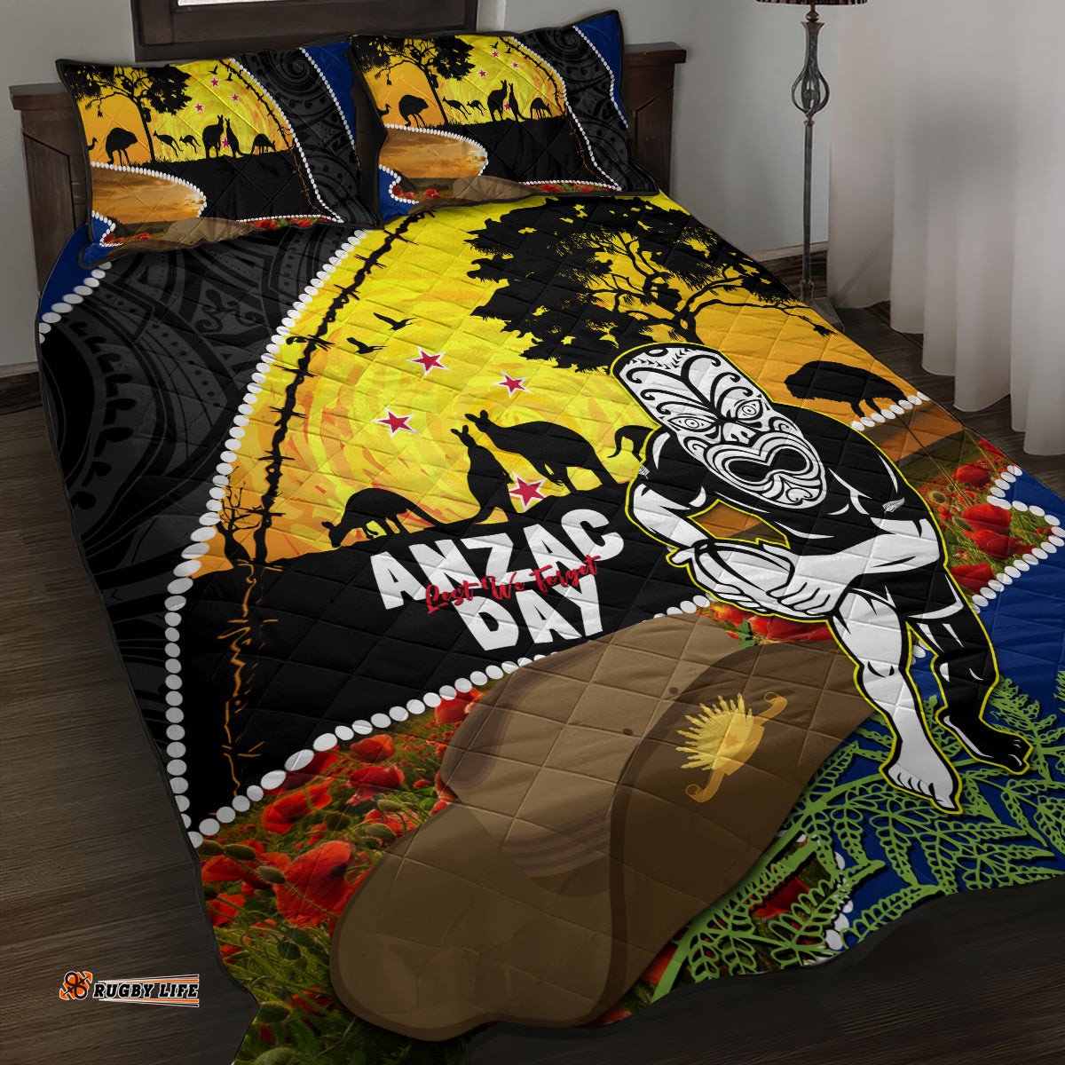 Warriors Rugby ANZAC Day Quilt Bed Set New Zealand Wahs Tiki Mascot Rosemary Starry Night