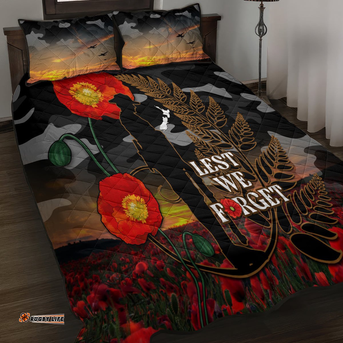 New Zealand ANZAC Day Quilt Bed Set Lest We Forget Silver Fern With Camouflage