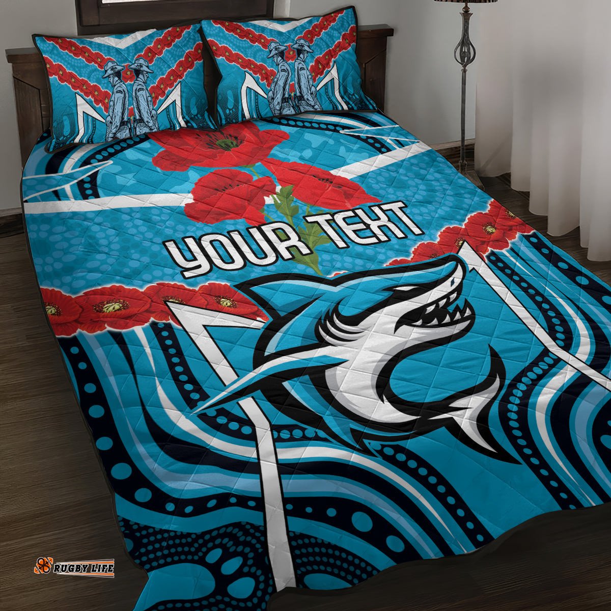 Custom Sharks Rugby ANZAC Quilt Bed Set Gallipoli Soldier With Aboriginal Art