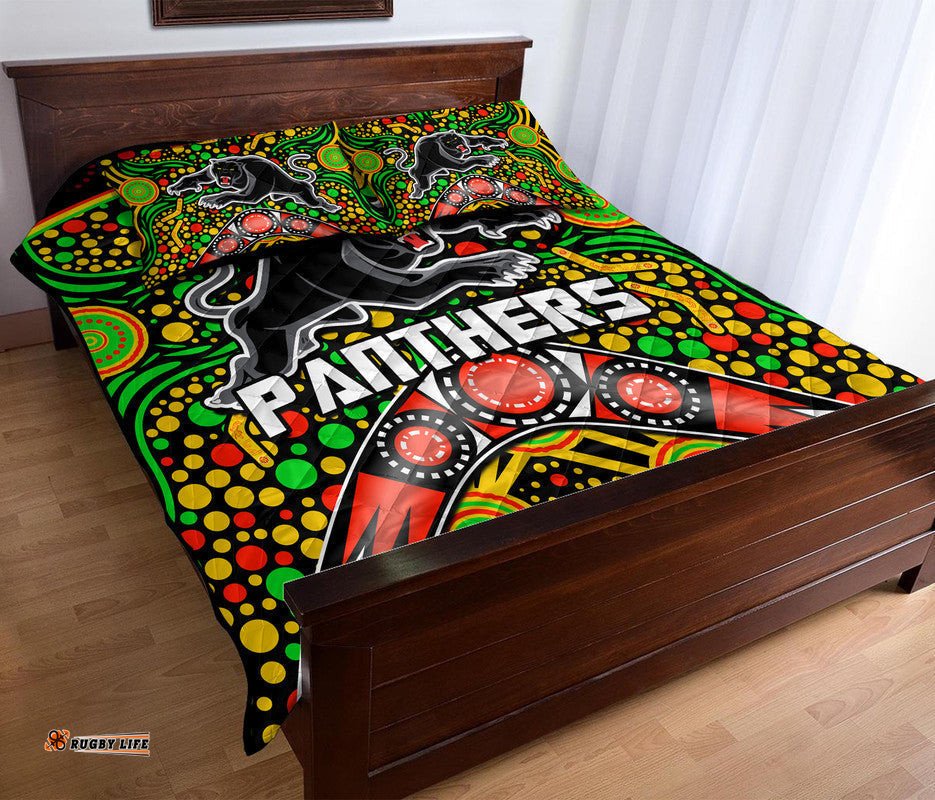 Panthers Rugby Quilt Bed Set Boomerang Indigenous Dots