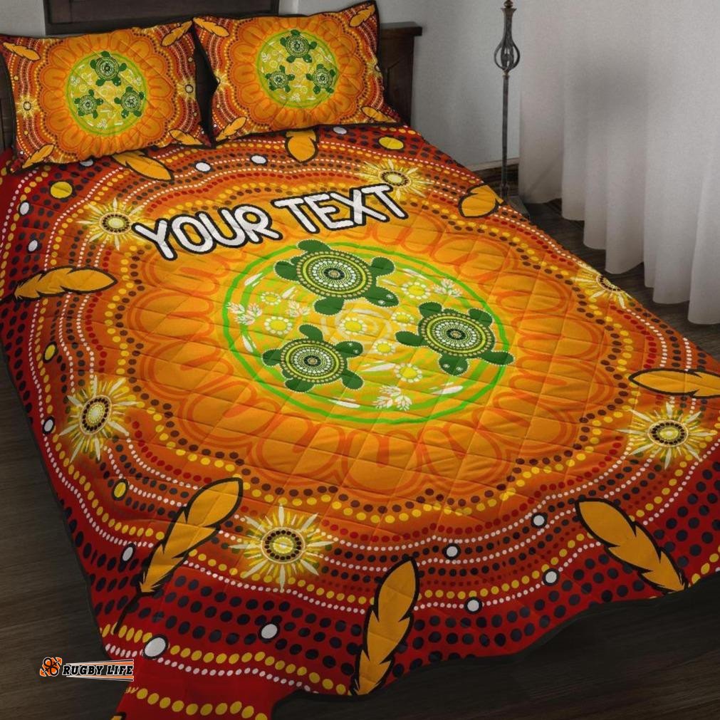 Custom Text Aboriginal Quilt Bed Set Turtle Circle Dot Painting Art