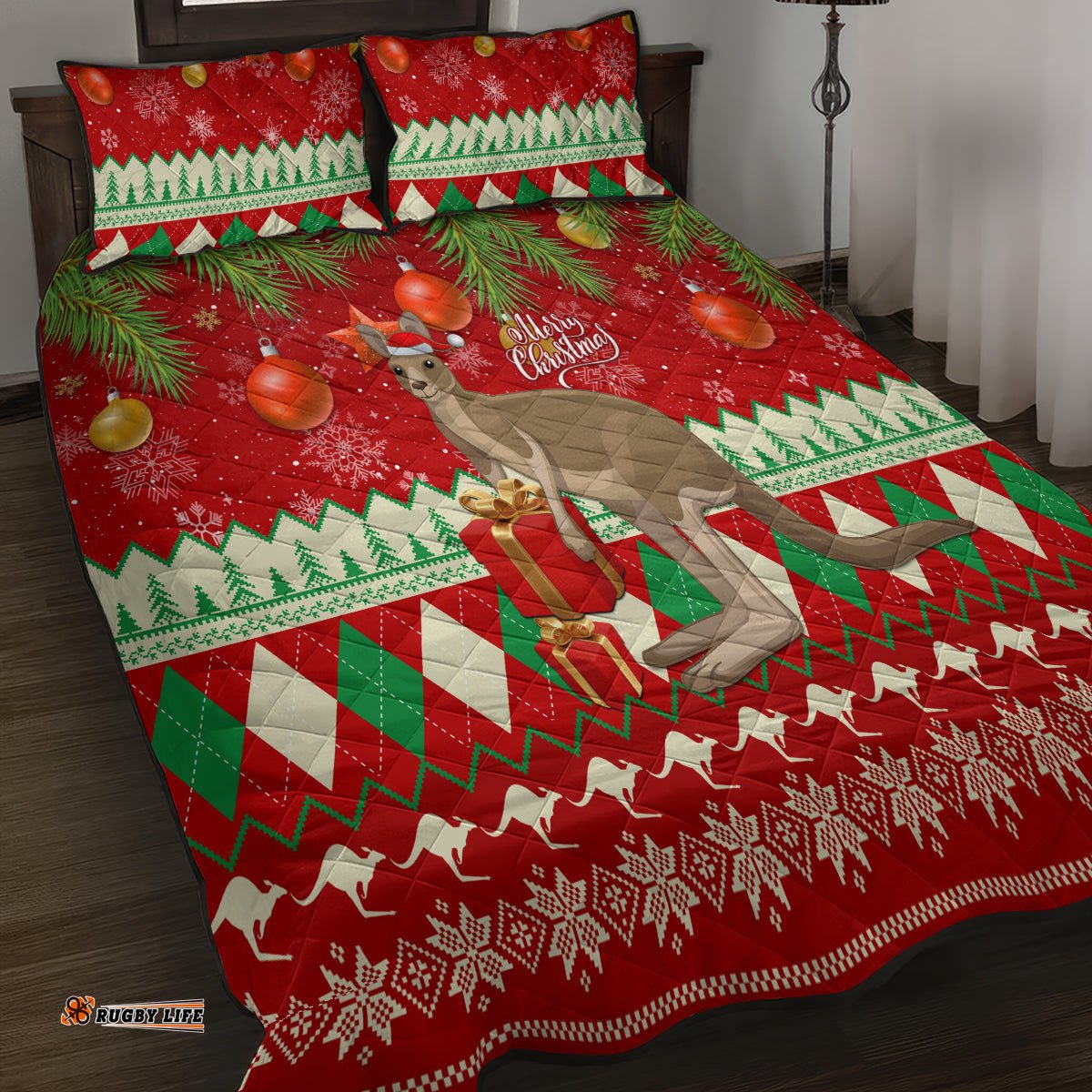 Australia Christmas Quilt Bed Set Aussie Kangaroo Santa Merry Xmas